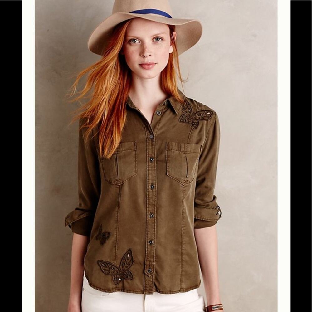 Anthropologie Holding Horses Embroidered Army Green Butterfly Button Down Top